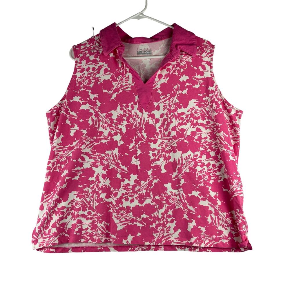 Basic Editions Sleeveless Polo Shirt Women’s 1X Pink Floral Golf Country Club